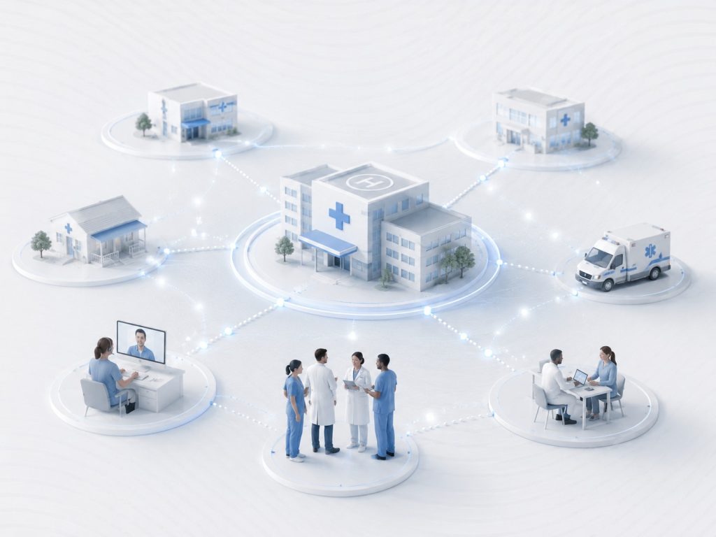 Network of hospitals, clinics, an ambulance and care teams connected in real time around a central hospital